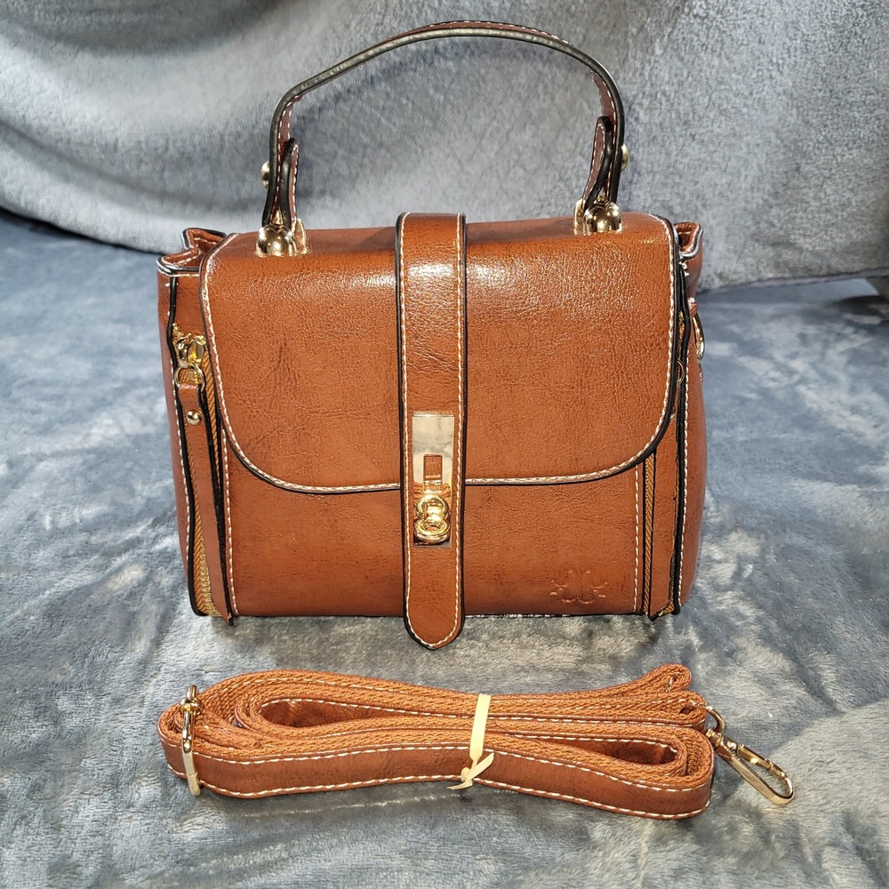 Stauer Parisian Chic‎ Cognac Brown Vegan Leather Satchel Crossbody Handbag Gold